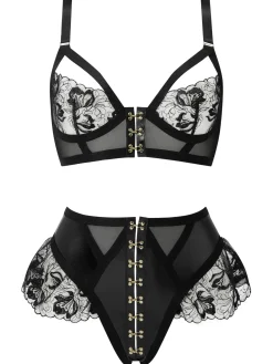 Ecstatic PU & Lace Crotchless 2 Piece Lingerie Set - Black