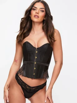 Everlasting Satin Lace Up Boned Corset Top - Black