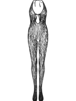 Extravaganza Floral Halterneck Bodystocking - Black