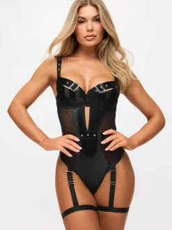Fierce Envy PU Padded Underwired Crotchless Body - Black