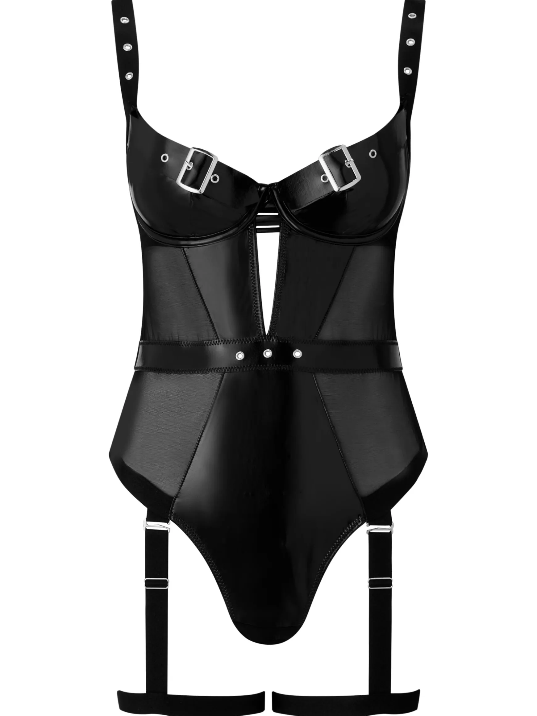 Fierce Envy PU Padded Underwired Crotchless Body - Black
