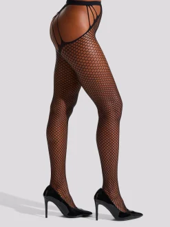 Fishnet Criss-Cross Strappy Crotchless Tights - Black