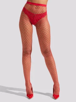 Fishnet High Waisted Tights - Red