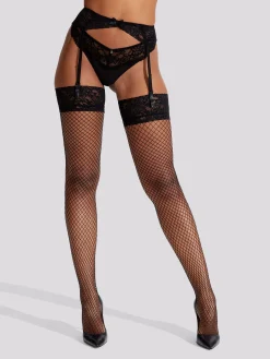 Fishnet Lace Stocking & Suspender Set - Black