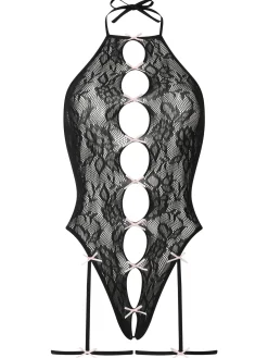 Flirty Affair Crotchless Fishnet Lingerie Body - Black/Pink