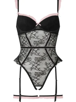 Frill Seeker Lace Padded Crotchless Lingerie Body - Black/Pink