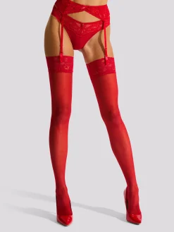Glossy Lace Stocking & Suspender Set - Red