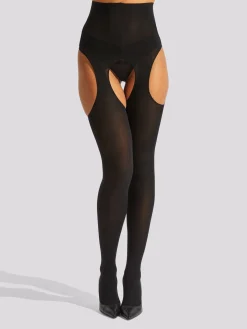 High Waisted Glossy Crotchless Tights - Black