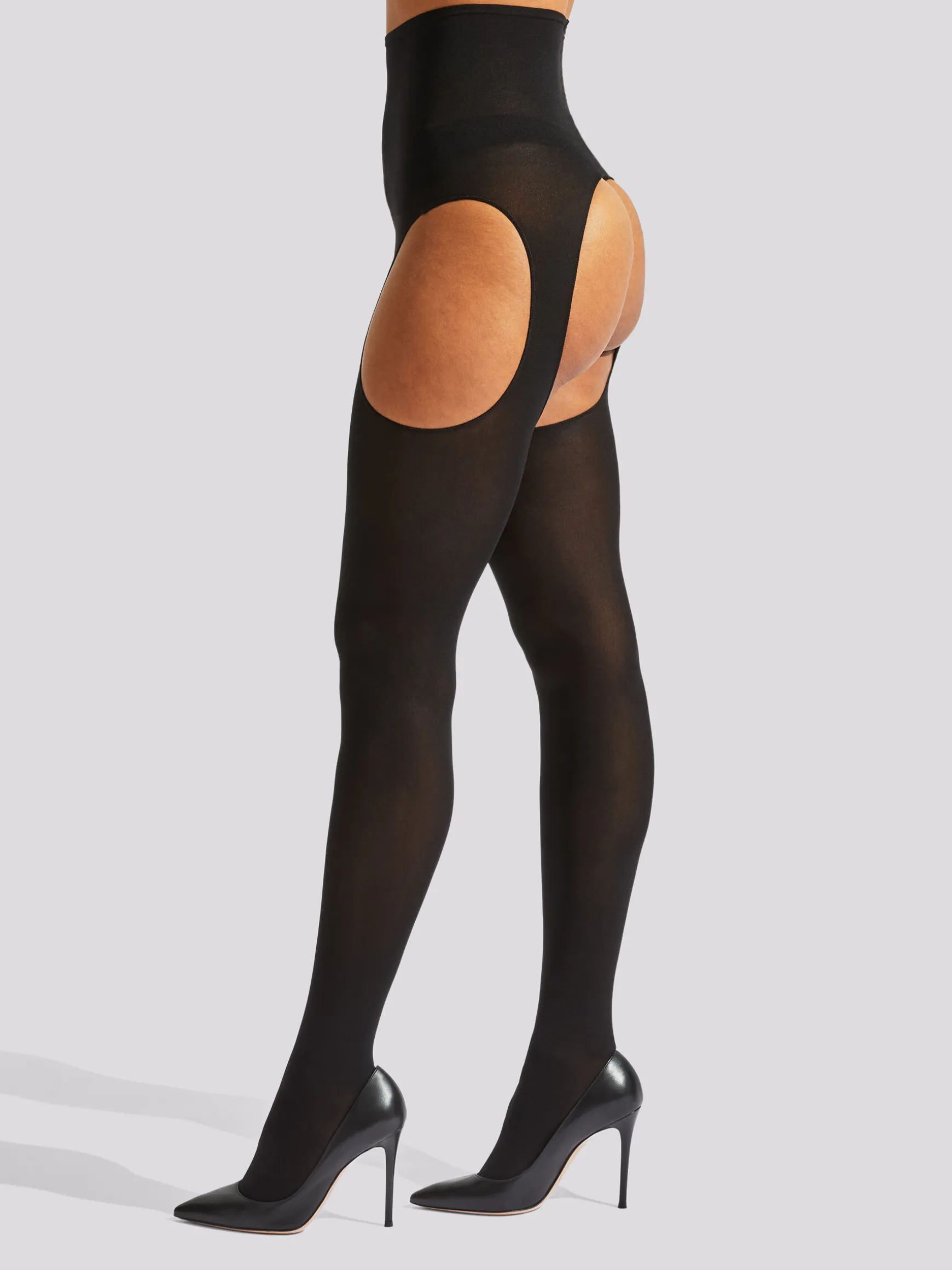 High Waisted Glossy Crotchless Tights - Black