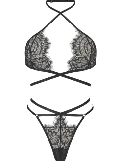 Infinite Crotchless Lace Lingerie 2 Piece Set - Black