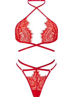 Infinite Lace Crotchless Lingerie 2 Piece Set - Red