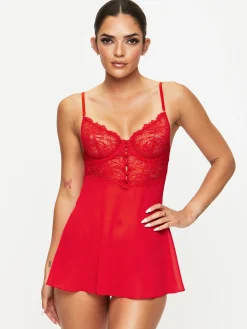 Iris Lace Underwired Babydoll Lingerie 2 Piece Set - Red