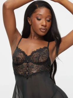 Iris Lace Underwired Babydoll Lingerie 2 Piece Set - Black