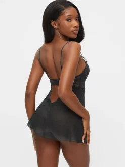 Iris Lace Underwired Babydoll Lingerie 2 Piece Set - Black