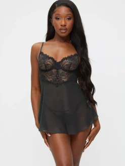 Iris Lace Underwired Babydoll Lingerie 2 Piece Set - Black