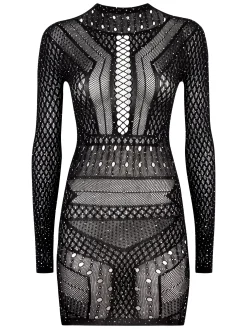 Jewelled Janelle Mini Fishnet Dress - Black