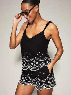 Knickerbox Broderie Floral Embroidered Cami Top & Shorts Set - Black