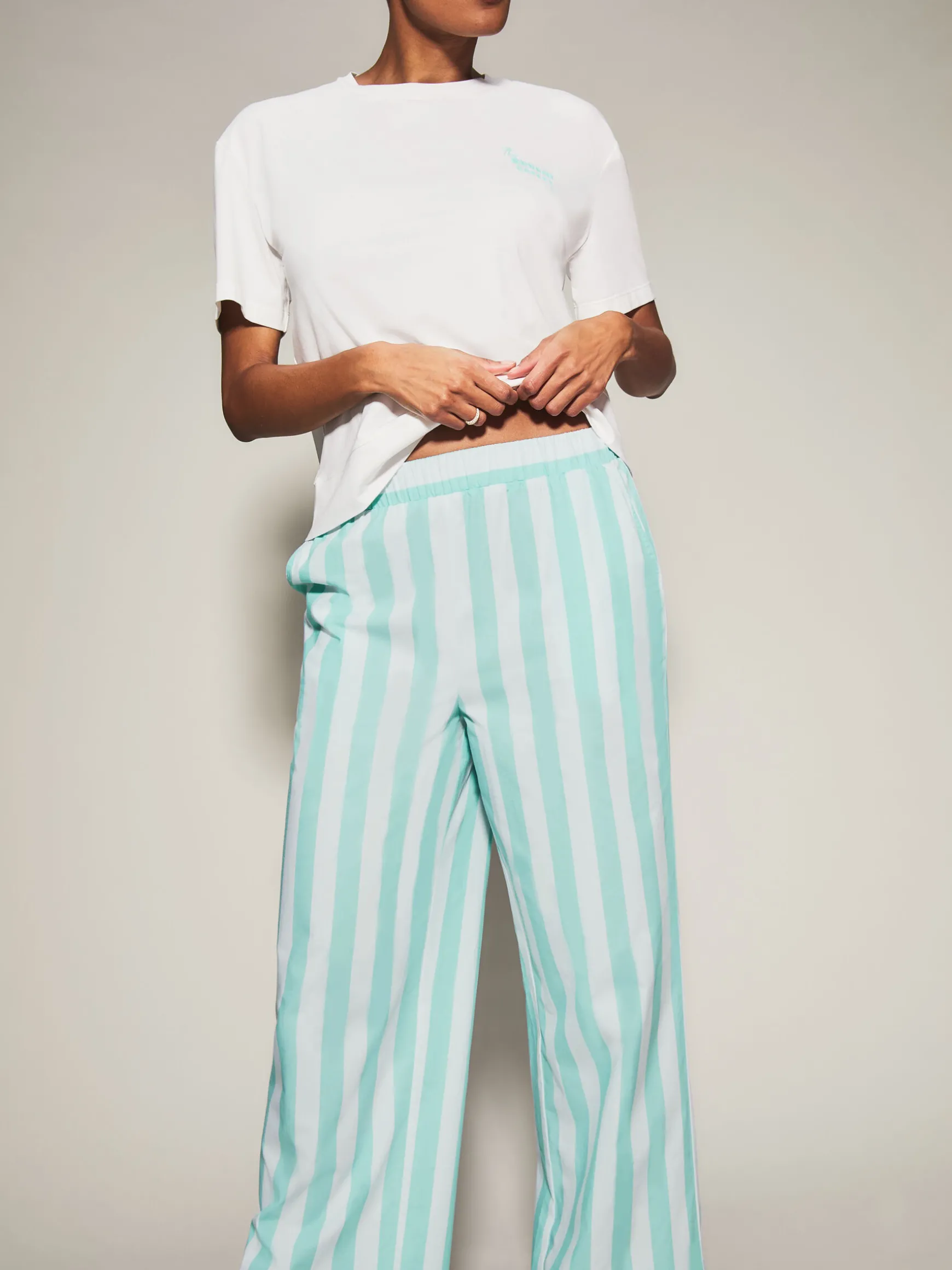 Knickerbox Coffee Stripe Pyjama T-Shirt & Trouser Set - Light Blue