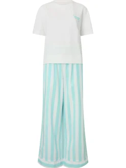 Knickerbox Coffee Stripe Pyjama T-Shirt & Trouser Set - Light Blue