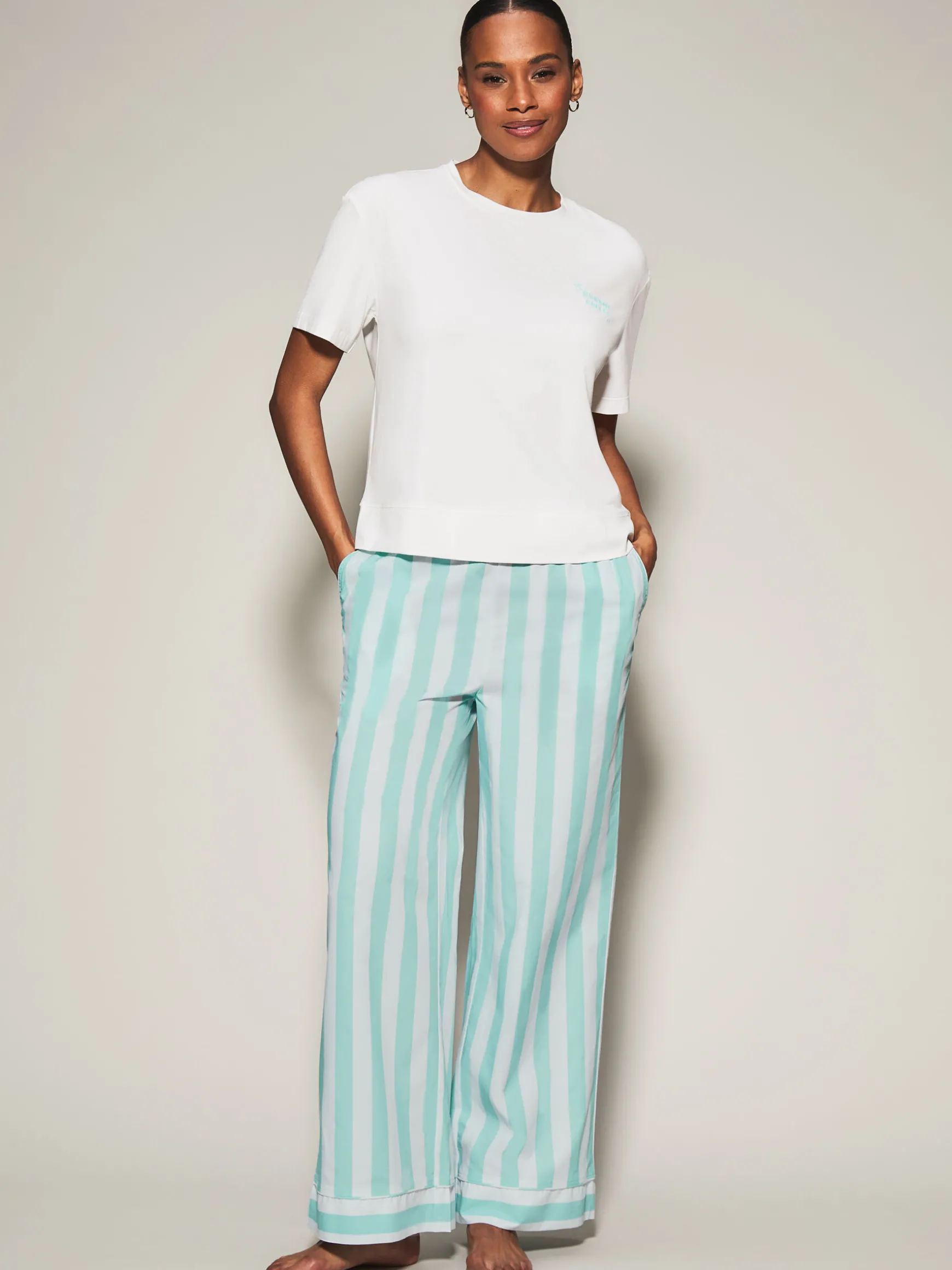 Knickerbox Coffee Stripe Pyjama T-Shirt & Trouser Set - Light Blue