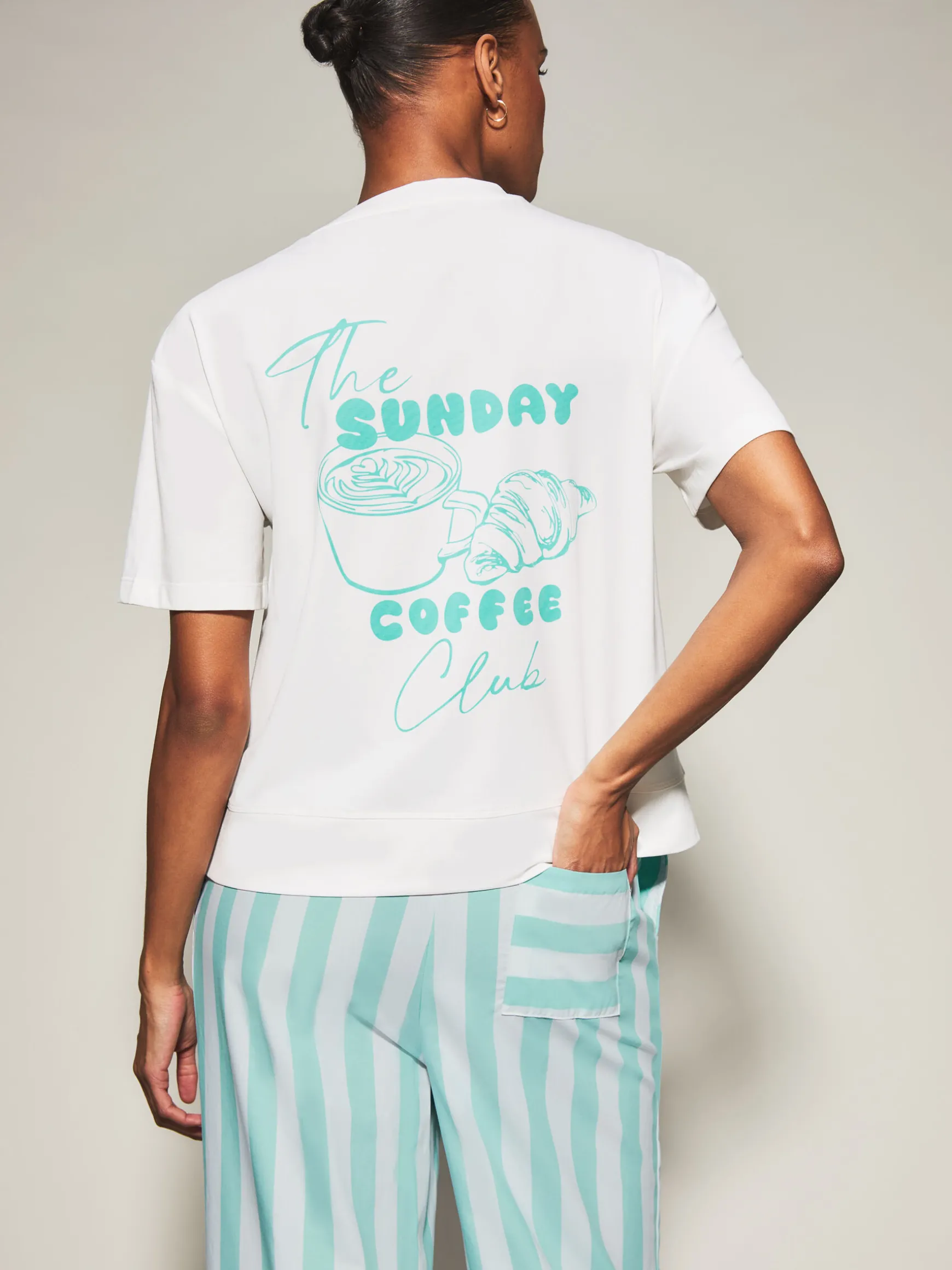 Knickerbox Coffee Stripe Pyjama T-Shirt & Trouser Set - Light Blue