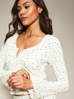 Knickerbox Floral Ribbed Long Sleeve Pyjama Top & Trouser Set - Ivory