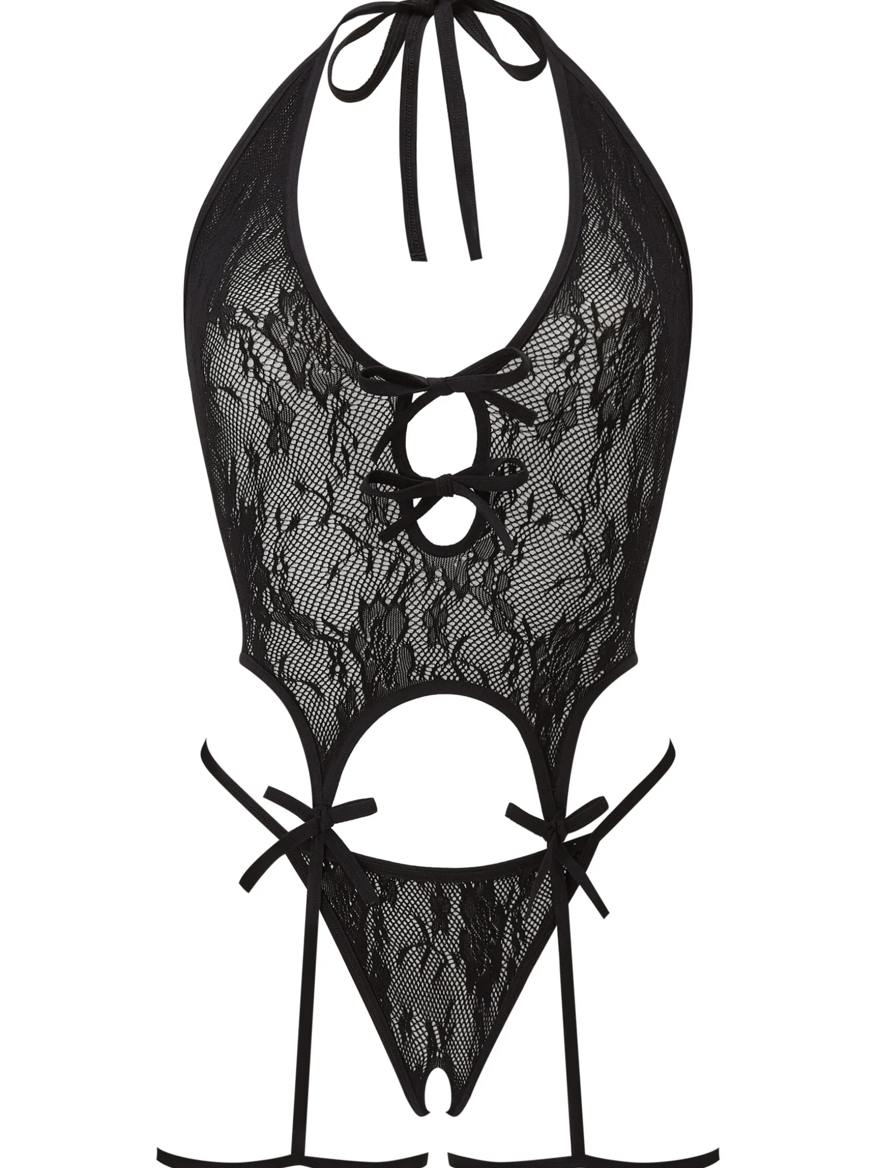 Kourtney Lace Crotchless Cami Suspender 2 Piece Set - Black