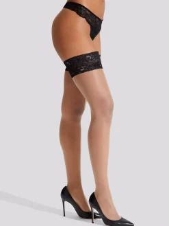 Lace Top Glossy Hold Ups - Nude/Black