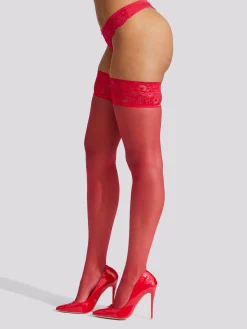 Lace Top Glossy Hold Ups - Red