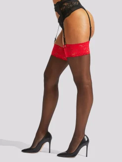 Lace Top Glossy Stockings - Black/Red