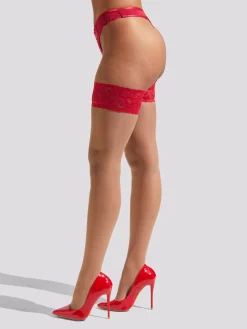 Lace Top Hold Ups - Bright Red
