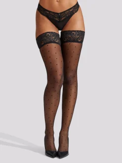 Lace Top Spot Hold Ups - Black