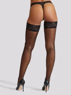 Lace Top Spot Hold Ups - Black