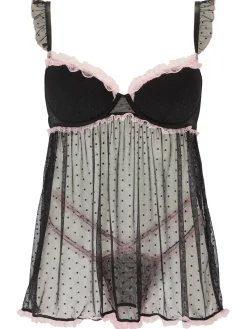 Locked On Love Crotchless Babydoll Lingerie 2 Piece Set - Black/Pink