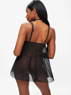 Loveable Touch Lace Crotchless Babydoll Lingerie 2 Piece Set - Black