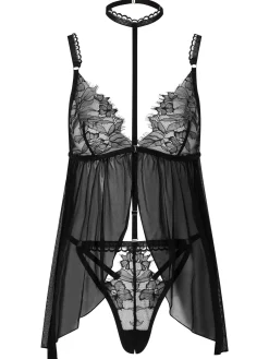 Loveable Touch Lace Crotchless Babydoll Lingerie 2 Piece Set - Black