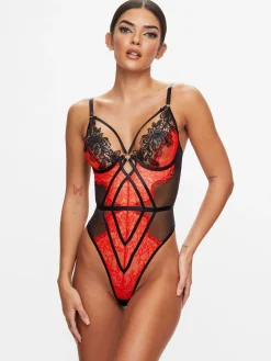 Lovers Secret Lace Crotchless Lingerie Body - Black/Red
