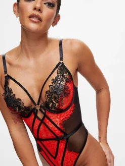 Lovers Secret Lace Crotchless Lingerie Body - Black/Red