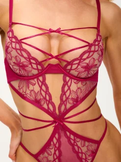 Make You Mine Embroidered Crotchless Lingerie Body - Pink