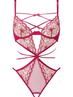 Make You Mine Embroidered Crotchless Lingerie Body - Pink