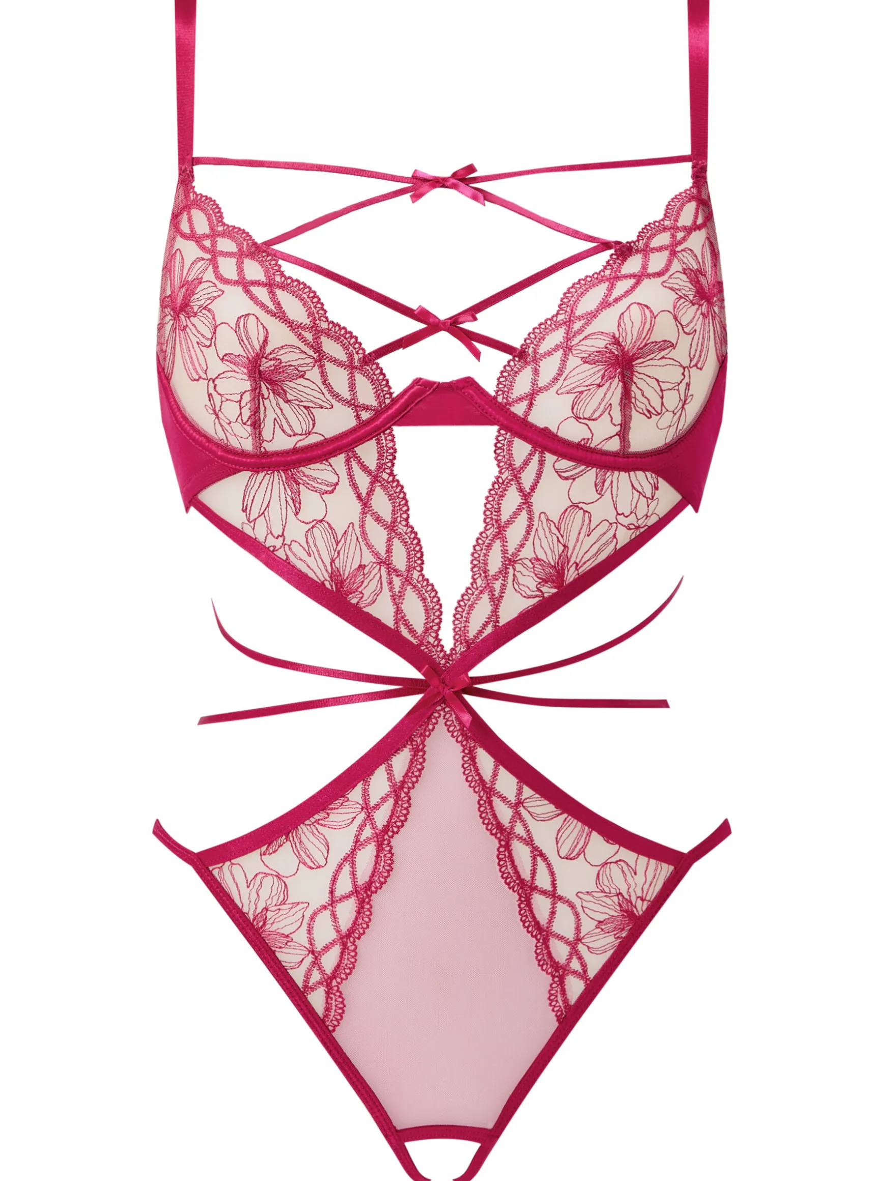 Make You Mine Embroidered Crotchless Lingerie Body - Pink