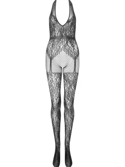 Mia Floral Lace Crotchless Bodystocking - Black