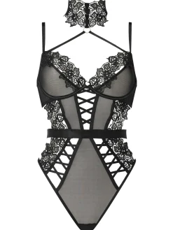 Midnight Muse Guipure Lace Crotchless Lingerie Body - Black