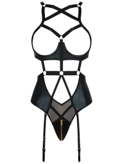 Minx PU Open Cup Crotchless Lingerie Body - Black