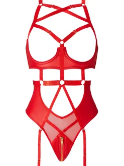 Minx PU Open Cup Crotchless Lingerie Body - Red