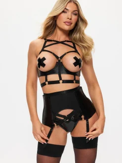 Minx PU Waspie Suspender - Black