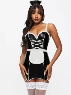 Mistress Maid 2-Piece PU Sexy Fancy Dress Costume with Headband - Black