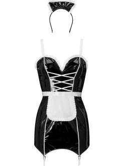 Mistress Maid 2-Piece PU Sexy Fancy Dress Costume with Headband - Black