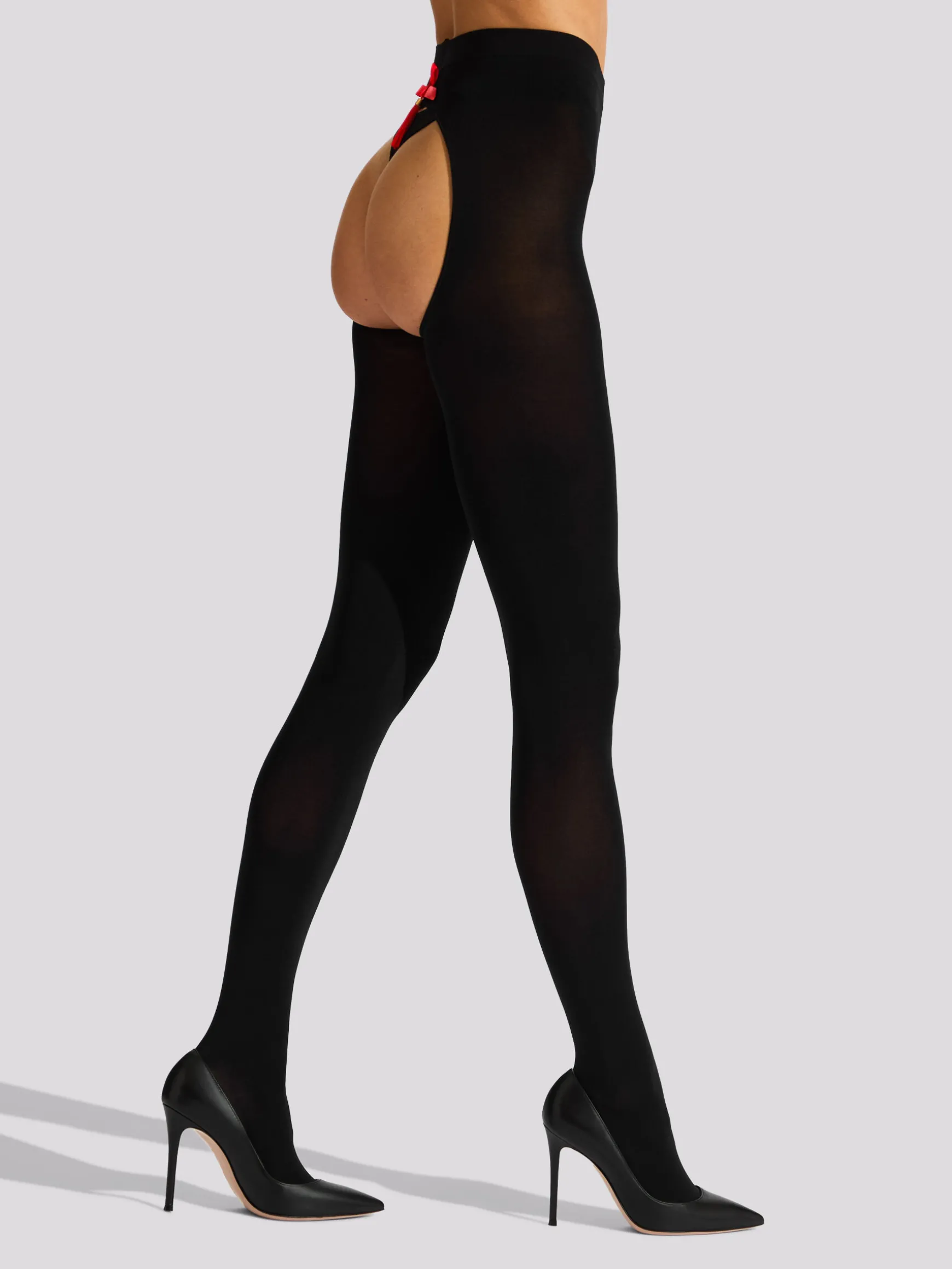 Opaque Crotchless Tassel Bow Open Back Tights - Black/Red