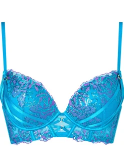 Pearlescent Embroidered Padded Plunge Bra - Turquoise